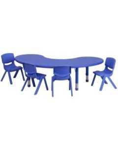 Flash Furniture Half-Moon Plastic Height-Adjustable Activity Table Set With 4 Chairs, 23-3/4inH x 35inW x 65inD, Blue