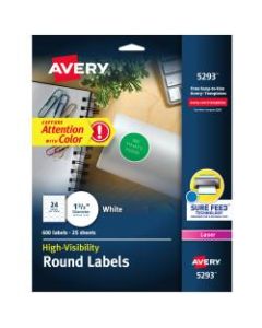 Avery High-Visibility Print-To-The-Edge Permanent Laser Labels, 5293, 1 2/3in Diameter, White, Pack Of 600