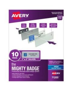 Avery The Mighty Badge Magnetic Badges For Inkjet Printers, 1in x 3in, Silver, Pack Of 10 Badges