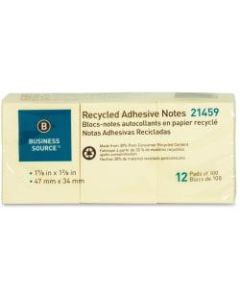 Business Source Yellow Adhesive Notes - 1.87in x 1.37in - Rectangle - Unruled - Yellow - Self-adhesive, Removable - 12 / Pack