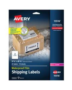 Avery(R) Waterproof Shipping Labels With Ultrahold, Permanent Adhesive, Laser, 5-1/2in x 8-1/2in, White, Pack Of 20