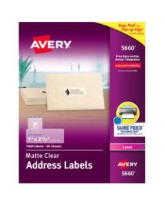 Avery Easy Peel Permanent Laser Address Labels, 5660, 1in x 2 5/8in, Clear, Pack Of 1,500
