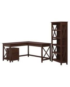 Bush Furniture Key West 60inW L-Shaped Desk With Mobile File Cabinet And 5-Shelf Bookcase, Bing Cherry, Standard Delivery