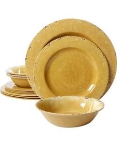 Gibson Studio California Mauna 12-Piece Melamine Dinnerware Set, Yellow Crackle