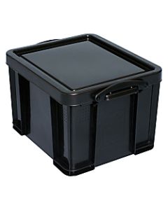 Really Useful Box Plastic Storage Container With Built-In Handles And Snap Lid, 32 Liters, 95% Recycled, 19in x 14in x 12in, Black