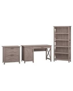 Bush Furniture Key West 54inW Computer Desk With Storage, 2 Drawer Lateral File Cabinet And 5 Shelf Bookcase, Washed Gray, Standard Delivery
