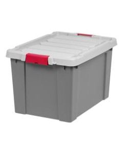 Office Depot Brand Plastic Storage Tote With Handles/Latch Lid, 25in x 17 9/16in x 14 1/8in, Gray/Red