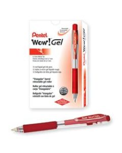 Pentel Wow! Retractable Gel Roller Pens, Medium Point, 0.7 mm, Clear Barrel, Red Ink, Pack Of 12