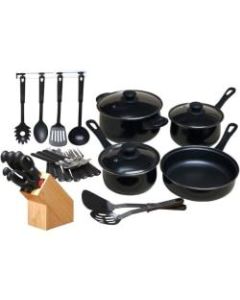 Gibson Home Kitchen 32 Piece Chef Du Jour Cookware Set, Black - 3.3 quart Dutch Oven, 1.8 quart Saucepan, 1.3 quart Saucepan, 8.62in Diameter Frying Pan, Fork, Knife, Teaspoon, Serving Spoon, Slotted Spoon, Spatula, Slotted Spatula