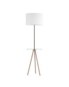 Kenroy Home Nash Floor Lamp With Tray, 61inH, White Shade/Woodgrain And Antique Brass Base