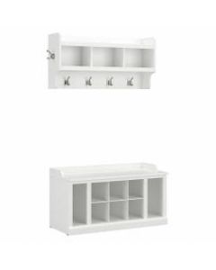 kathy ireland Home by Bush Furniture Woodland 40inW Shoe Storage Bench With Shelves And Wall-Mounted Coat Rack, White Ash, Standard Delivery