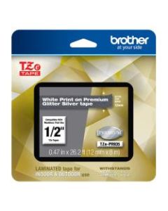 Brother TZe Premium Glitter Laminated Tape, 1/2in x 26-3/16ft, White Ink/Silver Tape