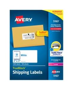 Avery Permanent Shipping Labels With TrueBlock Technology, Laser Printers, 5163, 2in x 4in, White, Box Of 1,000