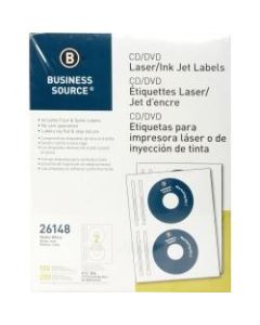 Business Source Laser/Inkjet CD/DVD Labels - 4 5/8in Diameter - Permanent Adhesive - Circle - Inkjet, Laser - White - 100 / Pack