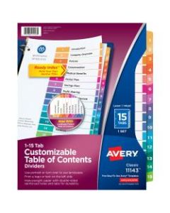 Avery Ready Index Table Of Contents Dividers, 1-15 Tab, Multicolor