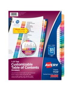 Avery Ready Index Table Of Contents Dividers, 1-31 Tab, Multicolor