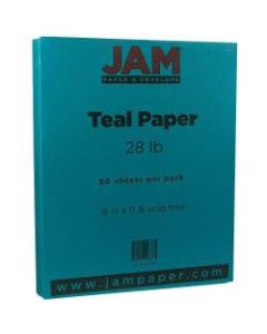 JAM Paper Printer Paper, Letter Size (8 1/2in x 11in), 28 Lb, Teal Blue, Ream Of 50 Sheets