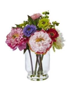 Nearly Natural 10-1/2inH Plastic Peony And Mum Arrangement With Glass Vase, Pink