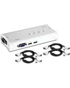 TRENDnet 4-Port USB KVM Switch Kit, VGA And USB Connections, 2048 x 1536 Resolution, Cabling Included, Control Up To 4 Computers, Compliant With Window, Linux, and Mac OS, White, TK-407K - 4-port USB KVM Switch Kit (Include 4 x KVM Cables)