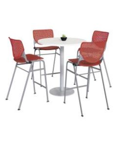 KFI Studios KOOL Round Pedestal Table With 4 Stacking Chairs, 41inH x 36inD, Designer White/Coral Orange