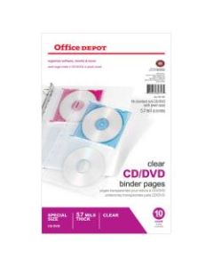 Office Depot Brand CD/DVD Binder Pages, 6in x 10 1/2in, Clear, Pack Of 10