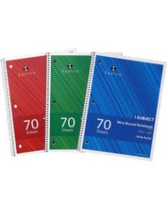 Sparco Wide Ruled Wire-bound Notebook - 70 Sheets - Wire Bound - 3 Hole(s) - 0.25in x 8in10.5in - Stiff-cover, Stiff-back, Perforated - 3 / Pack