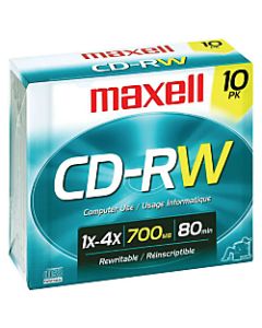 Maxell CD-RW Rewritable Media With Jewel Cases, 700MB/80 Minutes, Pack Of 10
