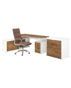 Bush Business Furniture Jamestown 72inW L-Shaped Desk With Lateral File Cabinet And High-Back Office Chair, Fresh Walnut/White, Premium Installation