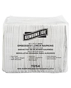 Genuine Joe 2-Ply Luncheon Napkins, 13in x 11 1/4in, 100% Recycled, White, 400 Per Pack, Carton Of 6 Packs