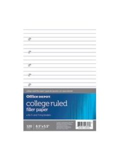 Office Depot Brand College-Ruled Notebook Filler Paper, 7-Hole Punched, 8 1/2in x 5 1/2in, 120 Sheets