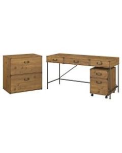 kathy ireland Home by Bush Furniture Ironworks 60inW Writing Desk with File Cabinets, Vintage Golden Pine, Standard Delivery