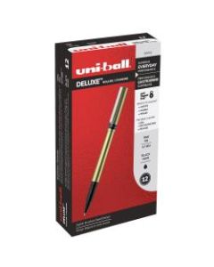 uni-ball Deluxe Rollerball Pens, Fine Point, 0.7 mm, Gold Barrel, Black Ink, Pack Of 12
