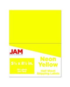 JAM Paper Half-Page Mailing And Shipping Labels, 5-1/2in x 8-1/2in, Neon Yellow, Pack Of 50 Labels