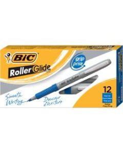 BIC Grip Roller Pens, Fine Point, 0.7 mm, Gray Barrel, Blue Ink, Pack Of 12 Pens