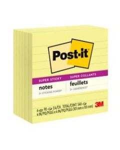 Post-it Super Sticky Notes, 4in x 4in, Canary Yellow, Lined, Pack Of 6 Pads