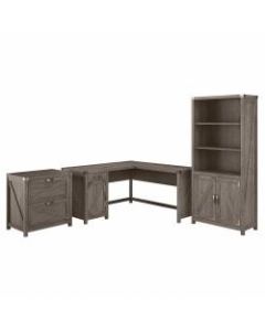 Kathy Ireland Home by Bush Furniture Cottage Grove 60inW L Shaped Desk with Lateral File Cabinet and 5 Shelf Bookcase, Restored Gray, Standard Delivery