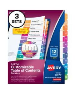 Avery Ready Index Table Of Contents Dividers, 12-Tab, Multicolor, Pack Of 3 Sets