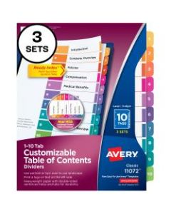 Avery Ready Index Table Of Contents Dividers, 10-Tab, Multicolor, Pack Of 3 Sets