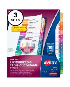 Avery Ready Index Table Of Contents Dividers, 15-Tab, Multicolor, Pack Of 3 Sets