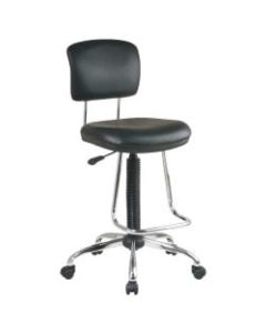 Chrome Finish Economical Chair with Teardrop Footrest.; Pneumatic Drafting Chair with Vinyl Stool and Back.; Height Adjustment 26in to 36in overall.; Heavy Duty Chrome Base with Dual Wheel Carpet Casters.;