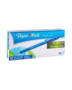 Paper Mate FlexGrip Ultra Retractable Pens, Medium Point, 1.0 mm, 55% Recycled, Blue Barrel, Blue Ink, Pack Of 12 Pens