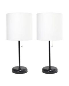 LimeLights Stick Desktop Lamps With Charging Outlets, 19-1/2in, White Shade/Black Base, Set Of 2 Lamps