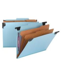 Smead Hanging Pressboard Classification Folder With SafeSHIELD Coated Paper Fastener, 2 Dividers, Letter Size, 30% Recycled, Blue