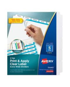 Avery Print & Apply Clear Label Extra-Wide Dividers with Index Maker Easy Apply Printable Label Strip, 5-Tab, White, Pack of 5 Sets
