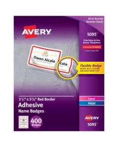 Avery Flexible Name Badge Labels, 2 1/3in x 3 3/8in, White With Red Border, Box Of 400