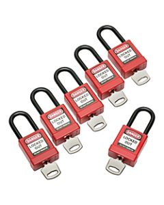 SKILCRAFT Keyed-Alike Plastic Lockout Padlock, 1 7/8in x 1 3/8in, Red, Pack Of 6
