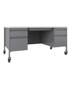 Lorell Fortress Laminate Double-Pedestal Mobile Teachers Desk, Platinum/White