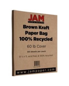 JAM Paper Cover Card Stock, 8 1/2in x 11in, 60 Lb, Brown Kraft, Pack Of 50 Sheets