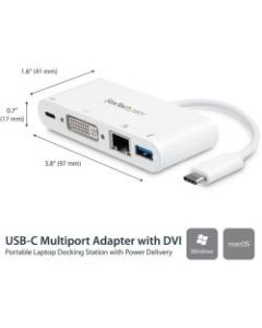 StarTech.com USB C Multiport Adapter - with Power Delivery (USB PD) - USB C to USB 3.0 / DVI / Gigabit Ethernet - USB-C Hub - Charge a laptop through USB Type C and create a workstation wherever you go, with DVI video output, Gigabit Ethernet and USB-A