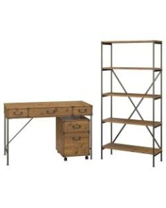 kathy ireland Home by Bush Furniture Ironworks 48inW Writing Desk with Mobile File Cabinet and Bookcase, Vintage Golden Pine, Standard Delivery